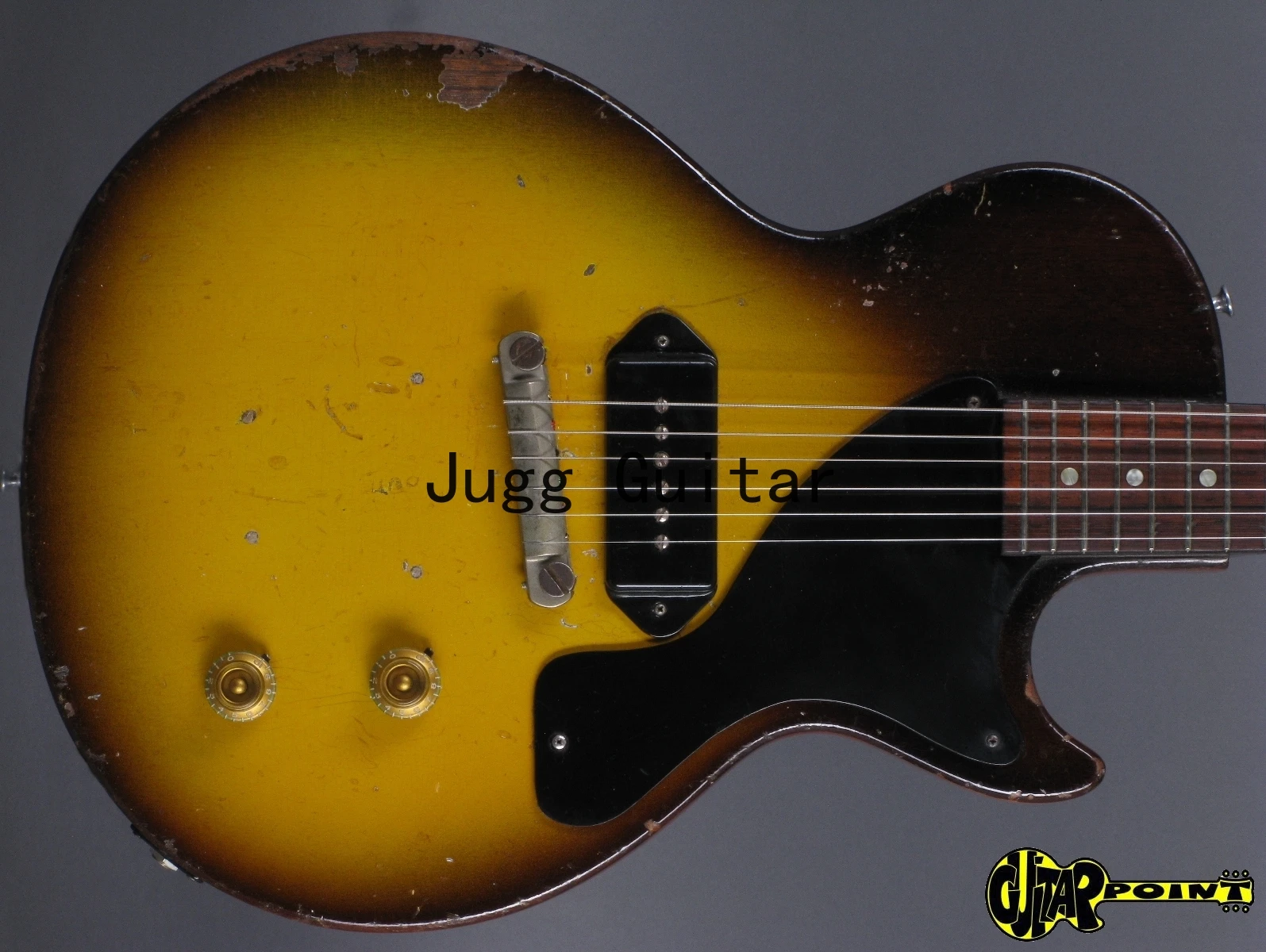 

1957 Junior Sunburst / Dark Brown Heavy Relic Electric Guitar One Piece Mahogany Body & Neck, P-90 Dog Ear Pickup