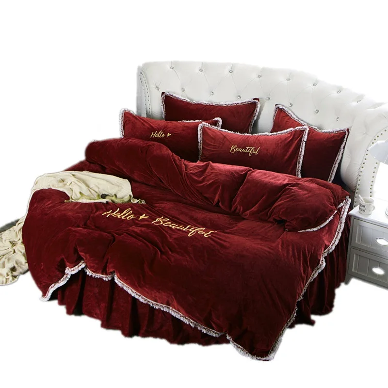 

Комплект для детской кровати, 4 шт., бархатный, Круглый, наволочка, пододеяльник, кружевная наволочка, вышивка, Фланелевое пододеяльник