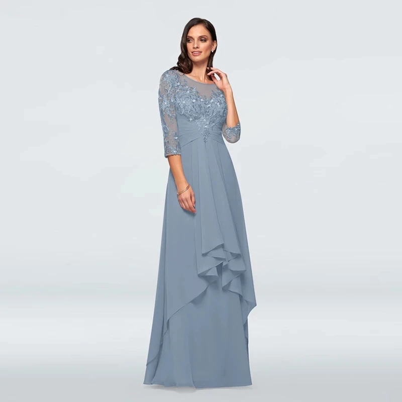

Blue A-line Party Dresses Chiffon Sweep/Brush Floor length Party Gowns Seven sleeves Applique Contoured Evening Dresses Jewel