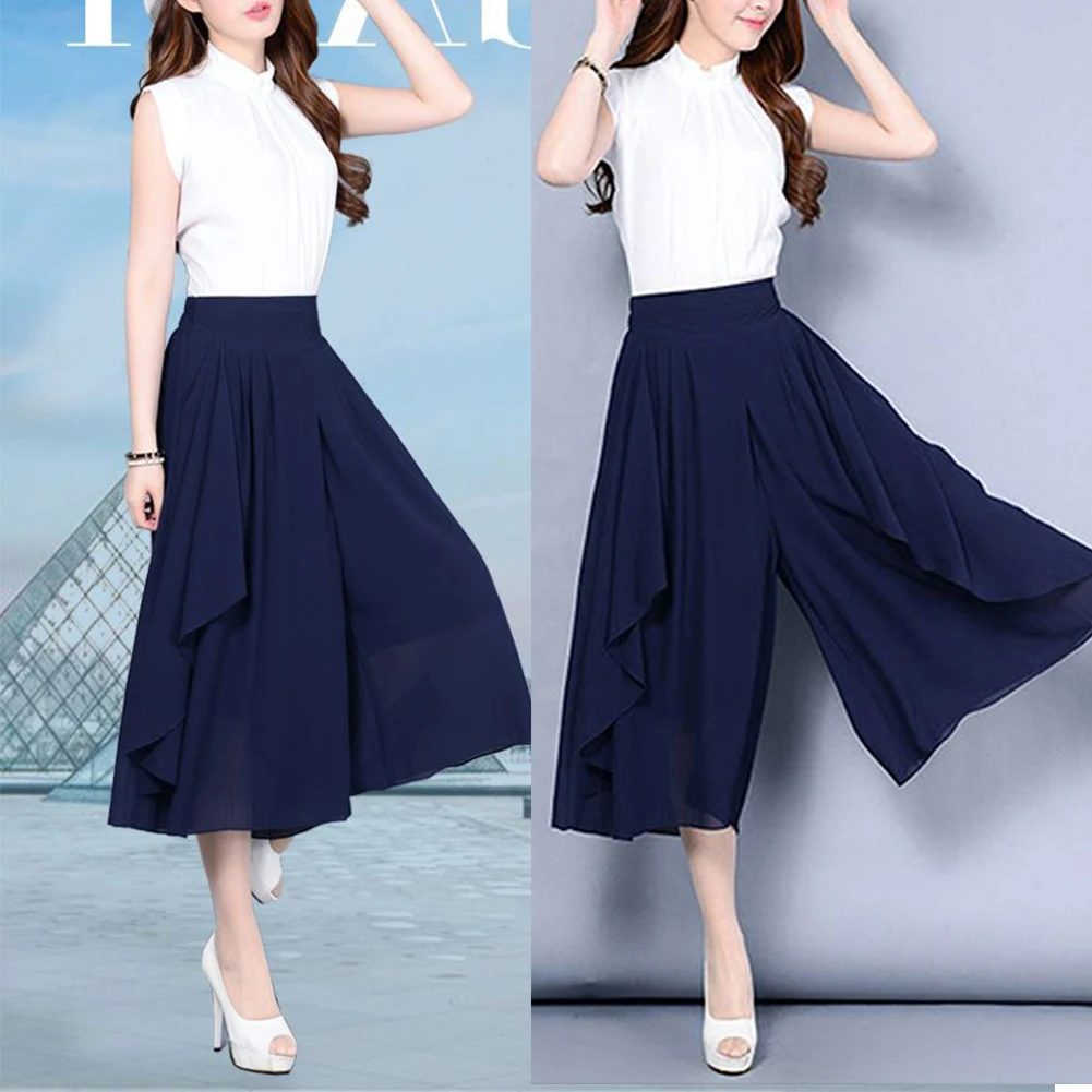 

Women Solid Color High Waist Elastic Waistband Wide Leg Cropped Skirt Pants Casual style