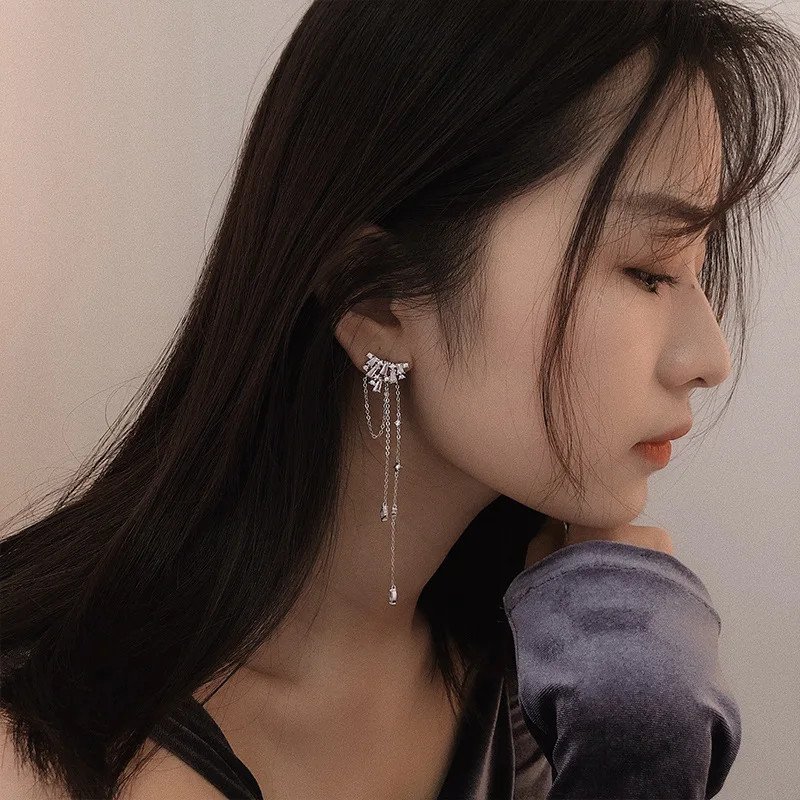 

925 Sterling Silver Tassel Drop Dangle Earrings for Women Crystal Personalized Femme Fashion Jewelry Korean Long Ear Chain Line