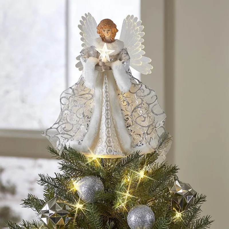 Decoraci&oacute;n de &aacute;rbol de Navidad, mu&ntilde;eco de &Aacute;ngel de m&eacute;tise dorado, LED brillante estrella superior de &aacute;rbol, decoraci&oacute;n superior de &aacute;rbol de Navidad, decoraci&oacute;n de vacaciones-3