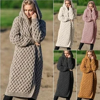 womens plus size autumn and winter casual pure gray cardigan womens hooded long knitted coat jacket warm hooded cloak sweater