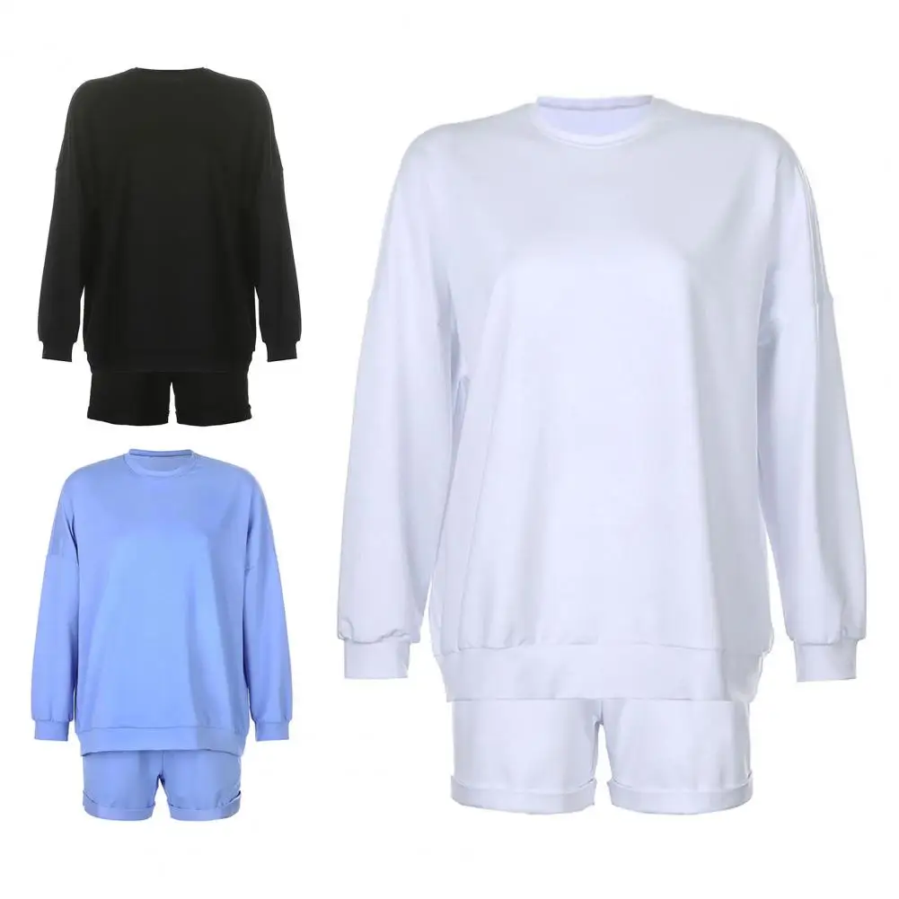 

Women Solid Color Two Piece Set Tracksuit Outfit Long Sleeve Blouse Loose Shorts Black M Women Clothing