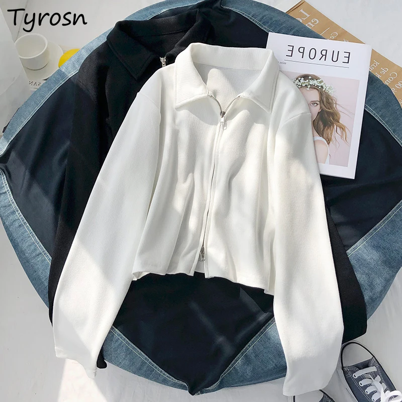 

Women Jackets Turn-down Zip-up Crop Tops Casual Elegant Mujer Chic Retro Teens Coats Simple Fashion Solid Designed Hot Sweet Ins