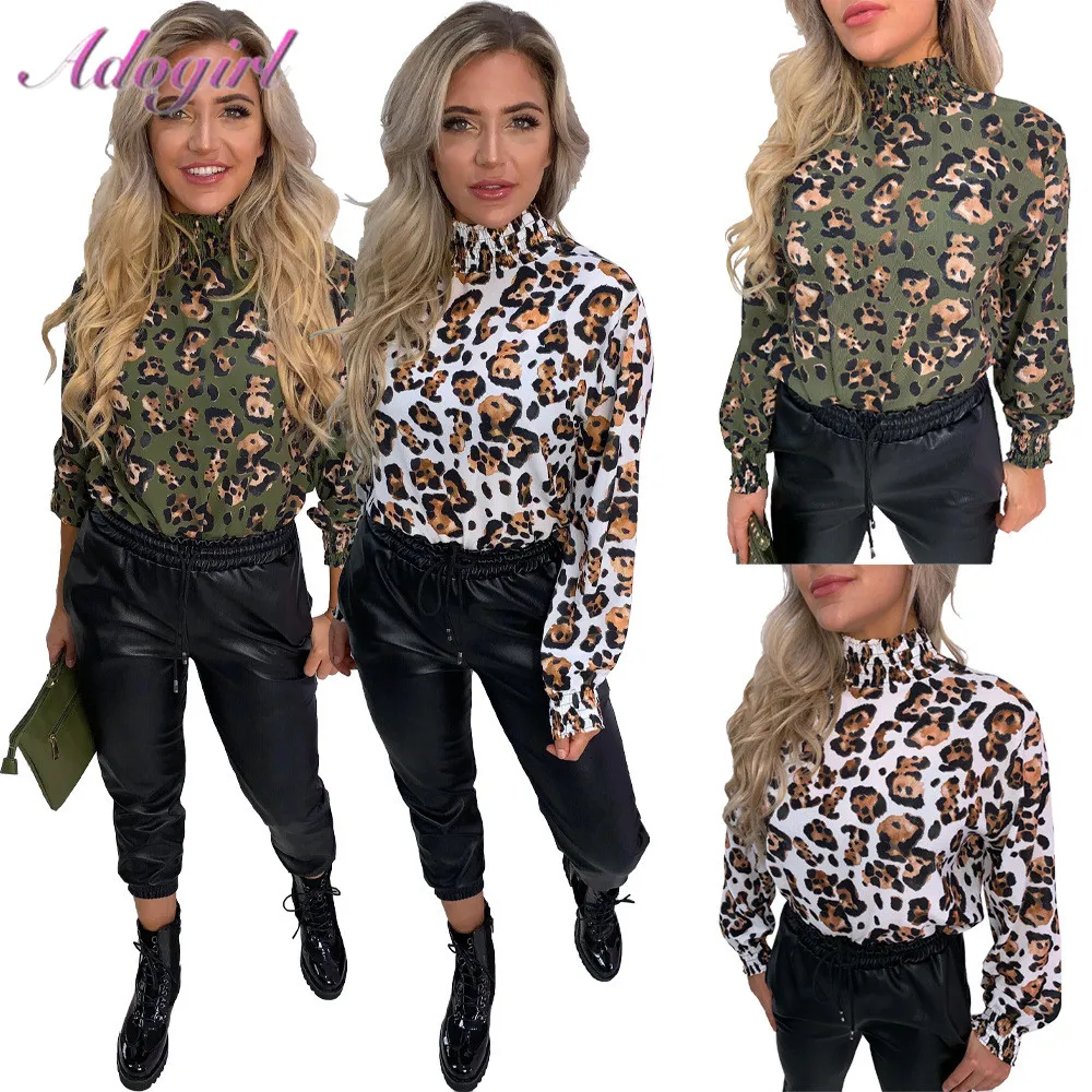 2020 Весенняя женская блузка Повседневная шифоновая водолазка с леопардовым