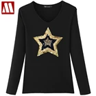 2021 летние женские модные сексуальные базовые Топы с длинным рукавом, футболки больших размеров с пятиконечной звездой, блестящая женская хлопковая Футболка с пайетками