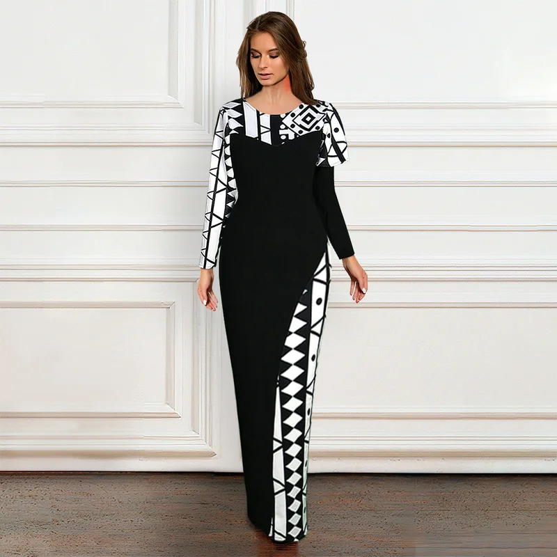 

Maxi Dresses for Women Office Vintage Geometric Print Slim Fit Spring Fashion Party Long Sleeve Knee Length Mode Robe Oversized
