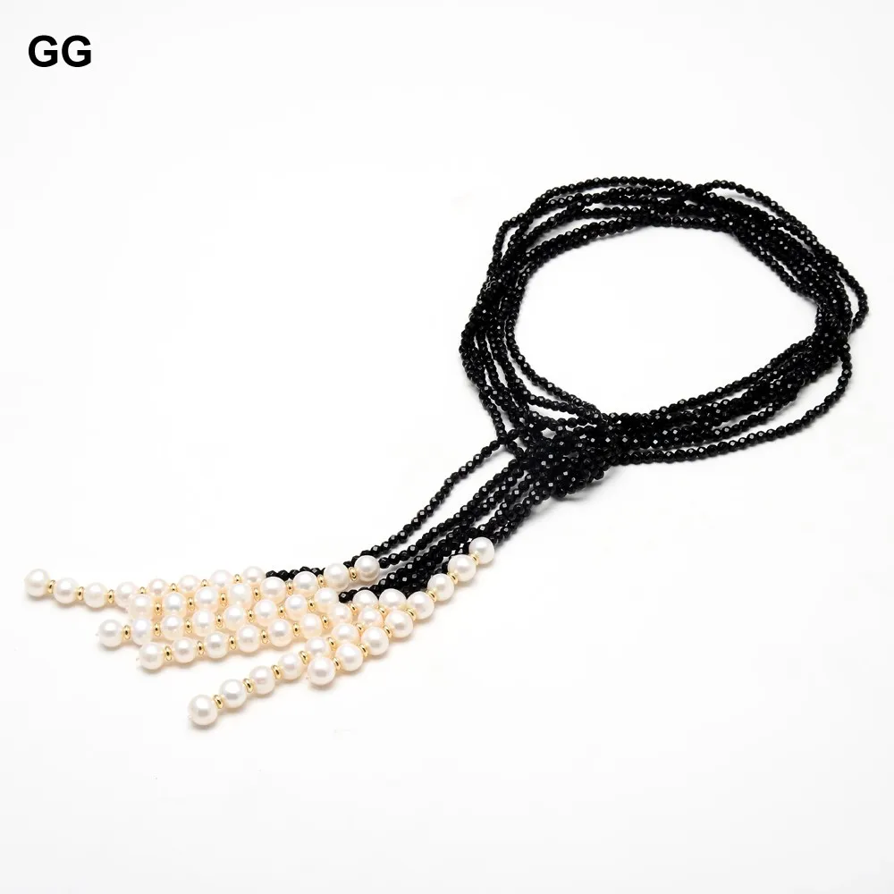 GG Jewelry 3 Rows 4mm Natural Faceted Black Onyx White Pearl Lariat Long Sweater Chain Necklace Bracelet Earrings Sets For Women