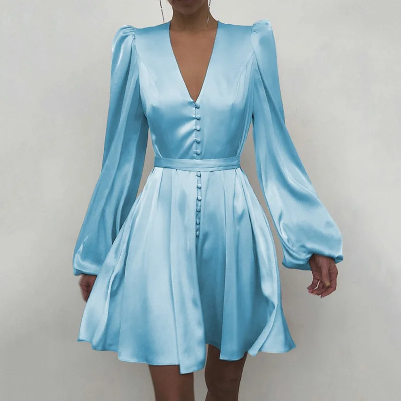 

HKQD Sexy Women V-neck Silk Satin Dress Women 2021 Spring Long Sleeve A-Line Mini Dress Elegant Print Long Sleeve Party Dress