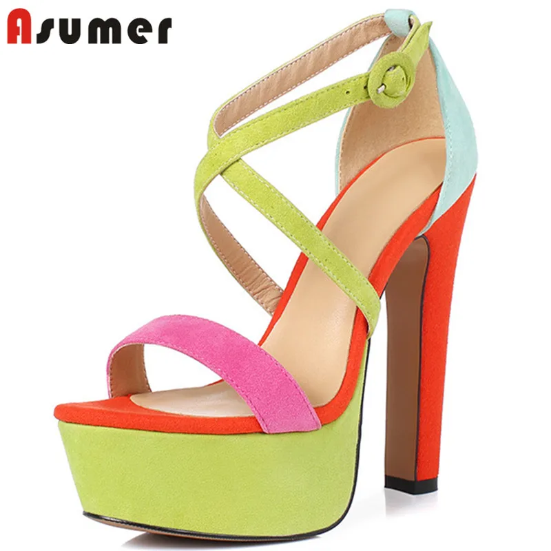 

ASUMER 2021 new fashion sexy super high heel platform sandals women genuine leather shoes buckle mixed colors party shoes ladies