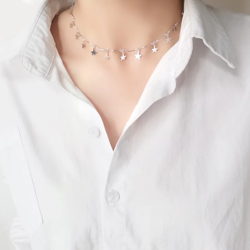 

Real 925 Sterling Silver Geometric stars Choker Necklace For Fashion Women Minimalist Fine Jewelry Cute Accessories