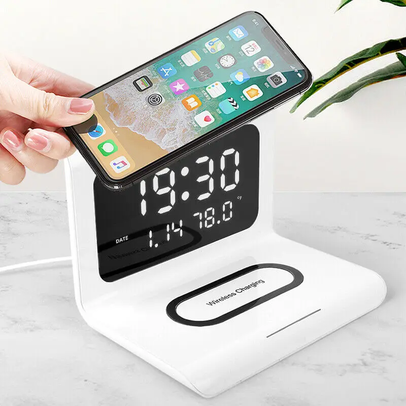 

LED Electric Alarm Clock Qi Wireless Charger 3-in-1 Phone Wireless Fast Charging Time Display Multifunctional forHuawei iphone