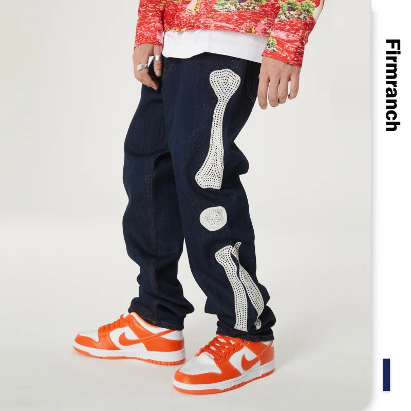 

Men/Women Retro Washed Embroidery Skeleton Jeans Pants Ins American Casual Straight Leg Denim Loose Long Dad Trousers