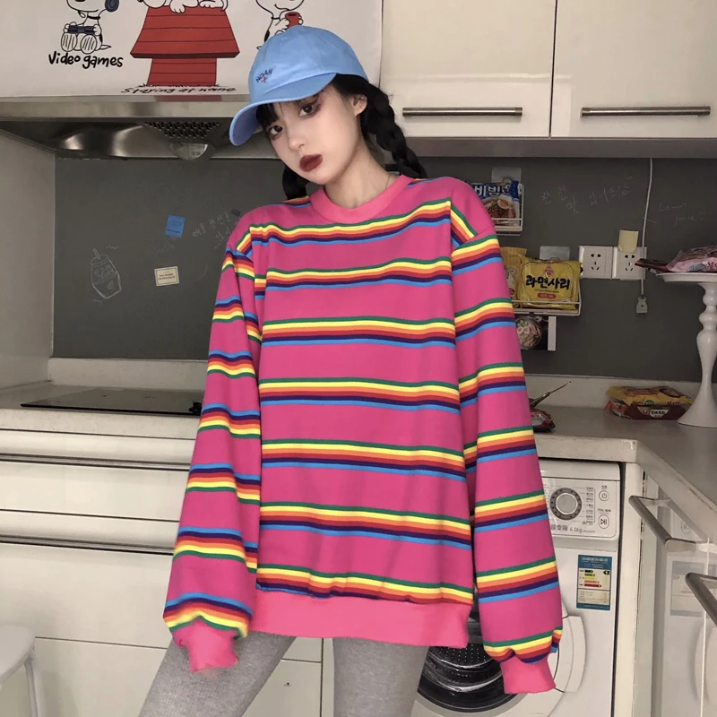 

Loose Hoodies Autumn Winter Clothes Women Casual Style Striped Oversize Vintage Ladies Tops Fashion Brand Female Sweatshirt New