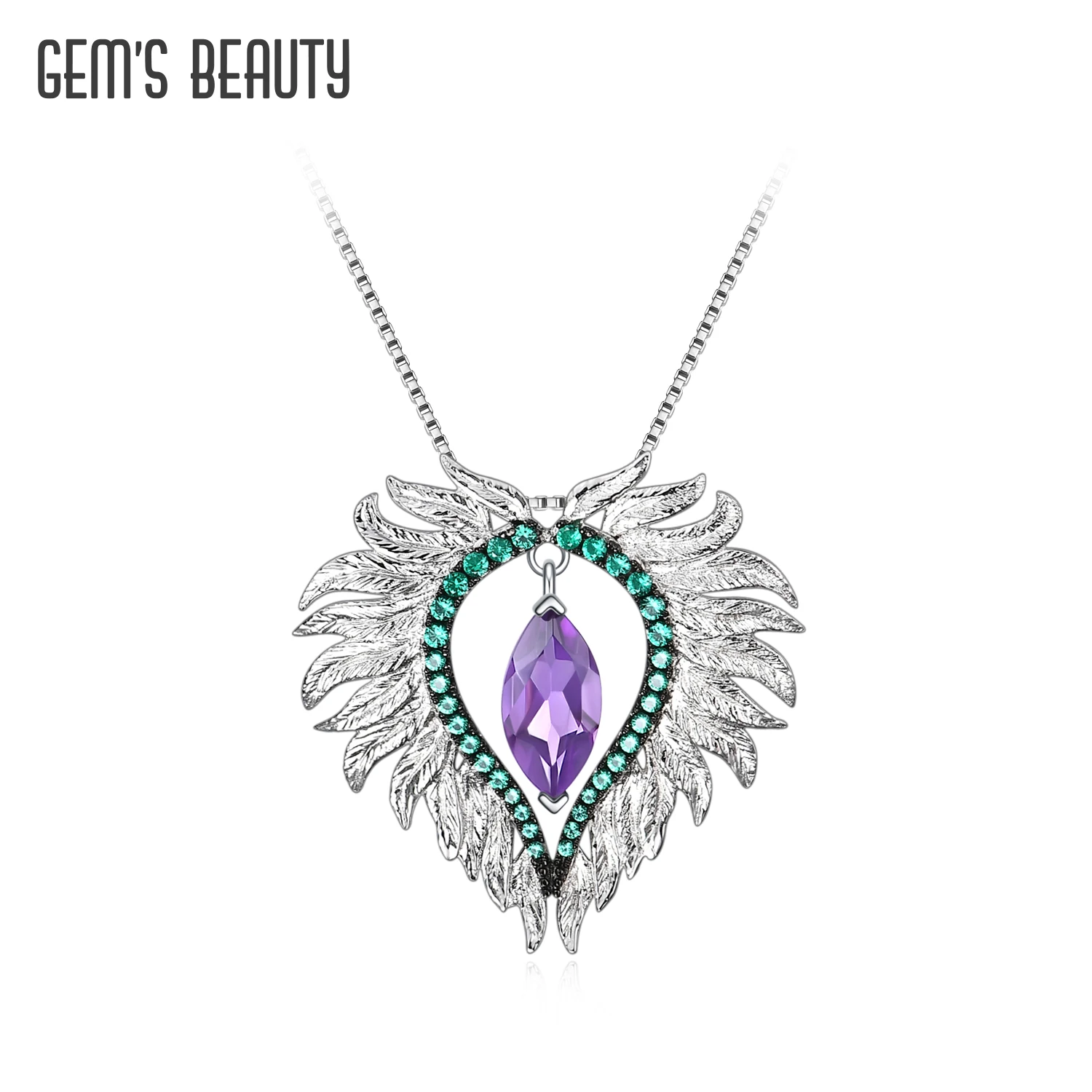 Gem's Beauty 925 Sterling Silver Necklace Pendant For Women Fashion Bijoux Amethyst Feather Angel's Wing Statement Jewelry Gifts  - buy with discount