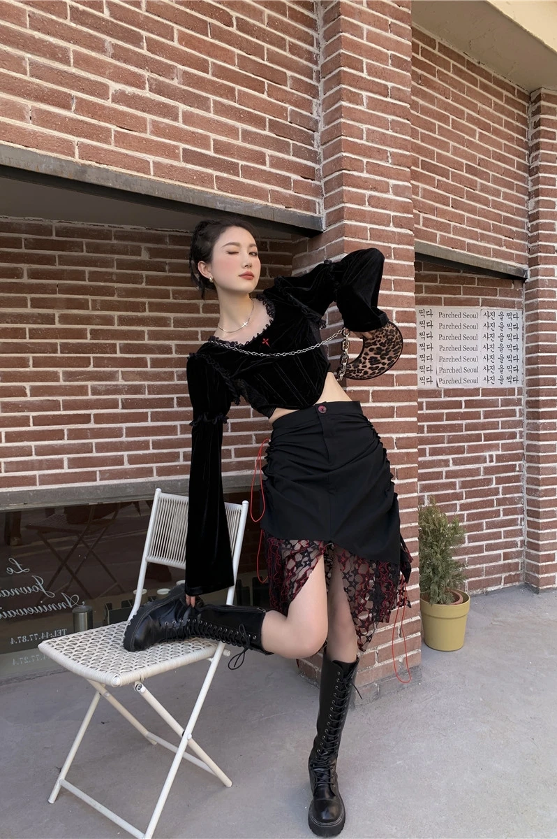 

SHENGPALAE irregular black lace skirt women's summer 2021 new high waist drawstring A-line knee-length skirt female tide