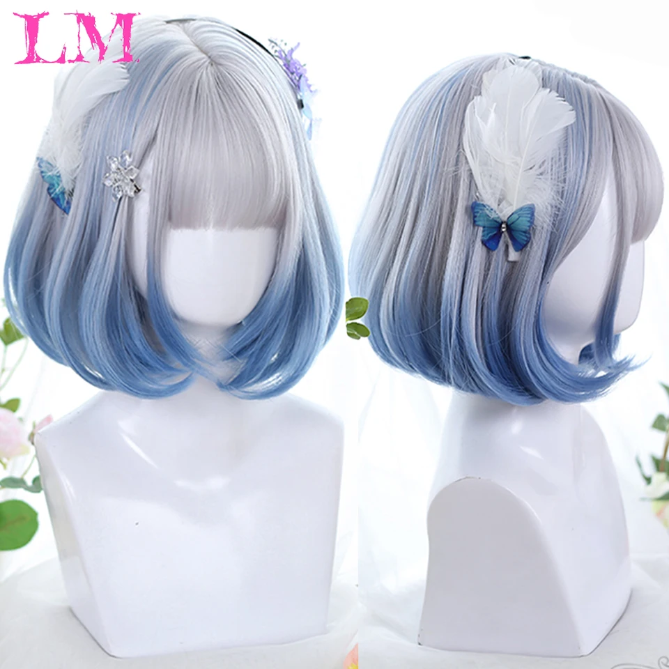 

LM Synthetic Short Bob Color Lolita Anime Wigs With Air bangs for Women Natural Fake Hair Black Blue Lolite Cosplay Wig