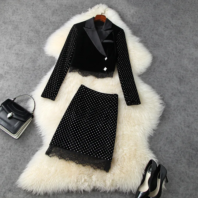 

Europe and the United States women's new winter 2020 Long sleeve stitching bud silk coat Velvet hot drilling skirts Fashion suit