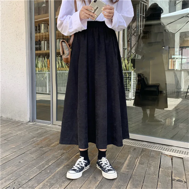 

POUNGDUDU 2021 Women's Skirt For Girl Solid Vintage Warm Female High-Waisted Skirt Sweet Student All Match Office Lady Casual