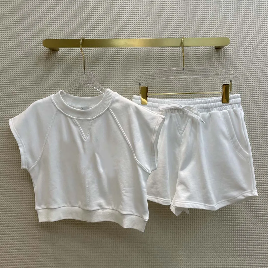 Beach Style Solid Shorts Sets for Women Summer High-end Brand Letter Print O-neck Bat Sleeve Tops with Elastic Waist Shorts Lady