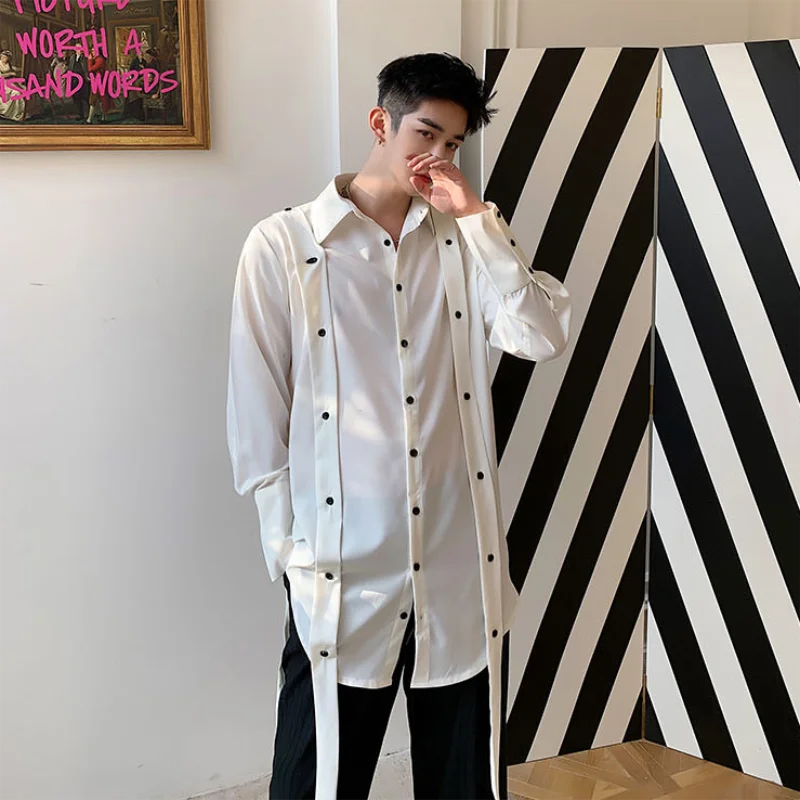Men's Long Sleeve Shirt Spring And Autumn New Personality Detachable Button Ribbon Fashion Popular Casual Large Size Shirt