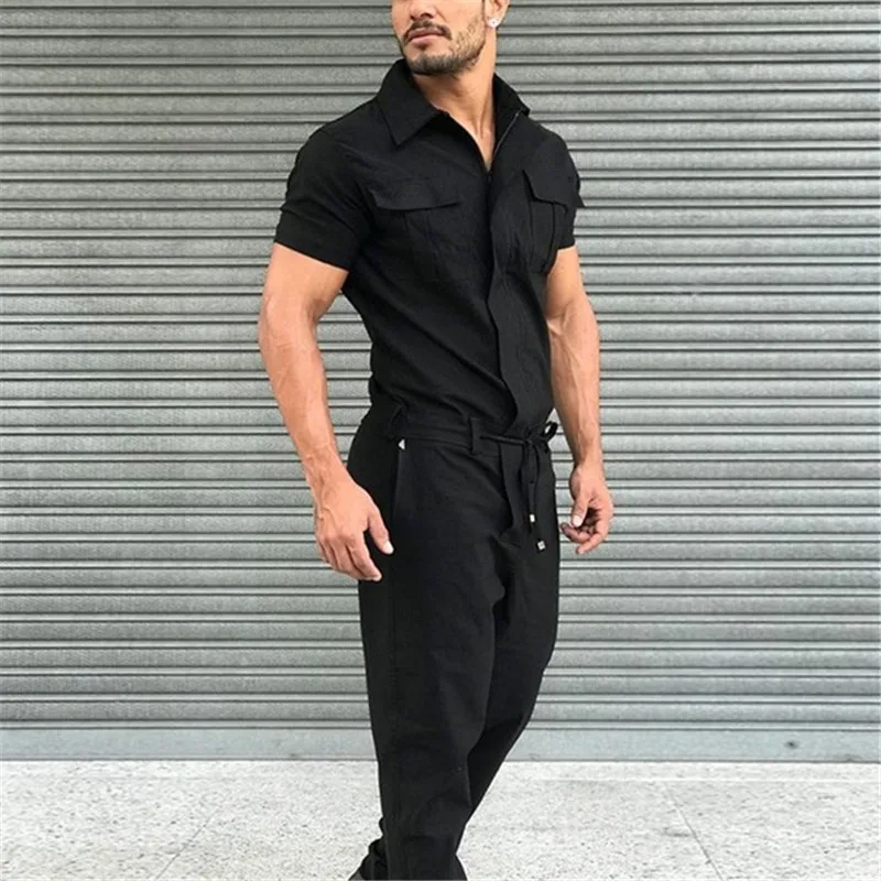 2021 Fall Men Short Sleeve Basic Work Coverall Male Pure Color Cargo Overalls Casual Street Wear Jumpsuit Men's Fashion Overalls