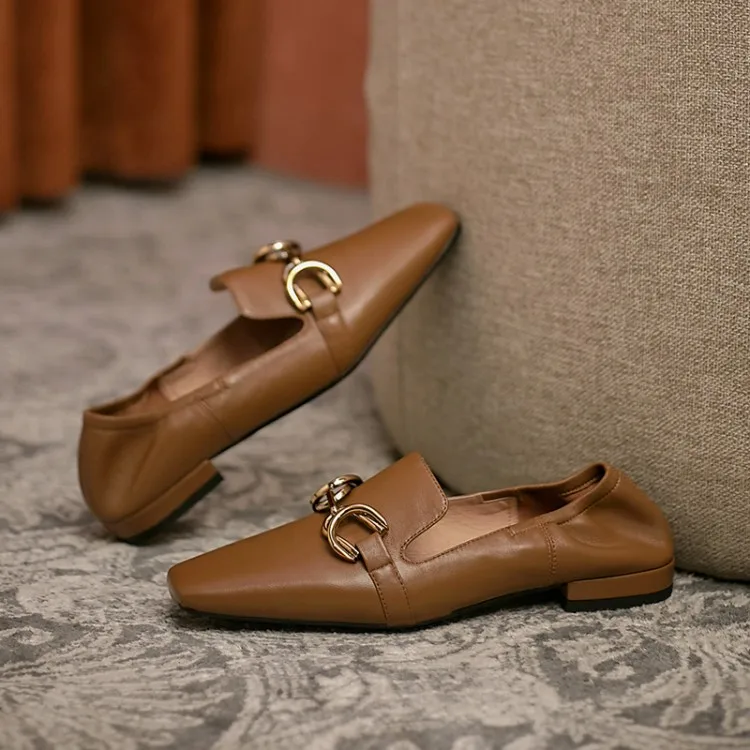 

MLJUESE 2021 Women Pumps Soft Sheepskin Autumn Spring Slip on Brown color Metal Decoration Square heel high heels pumps Size 42