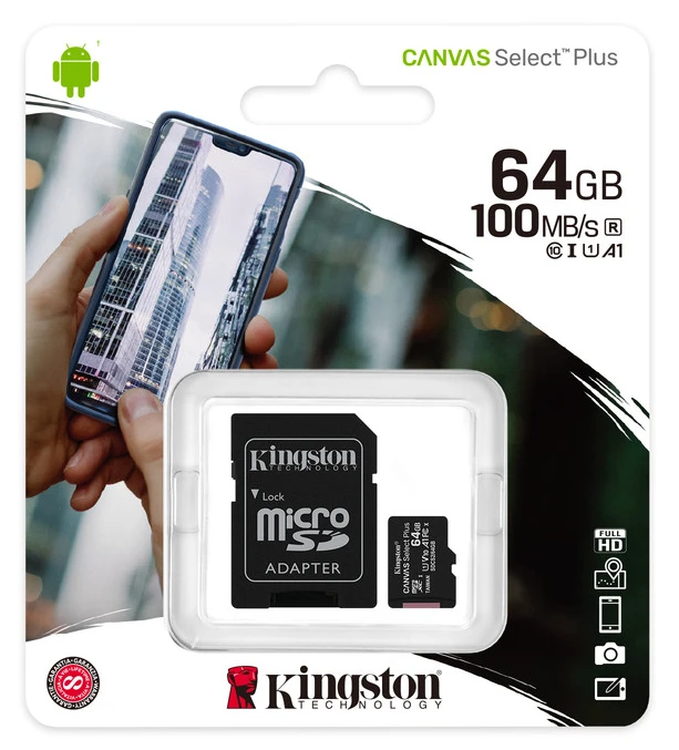 Карта памяти micro SDXC 64Gb Kingston Canvas Select Plus UHS-I U1 A1 + ADP (100/10 Mb/s) |