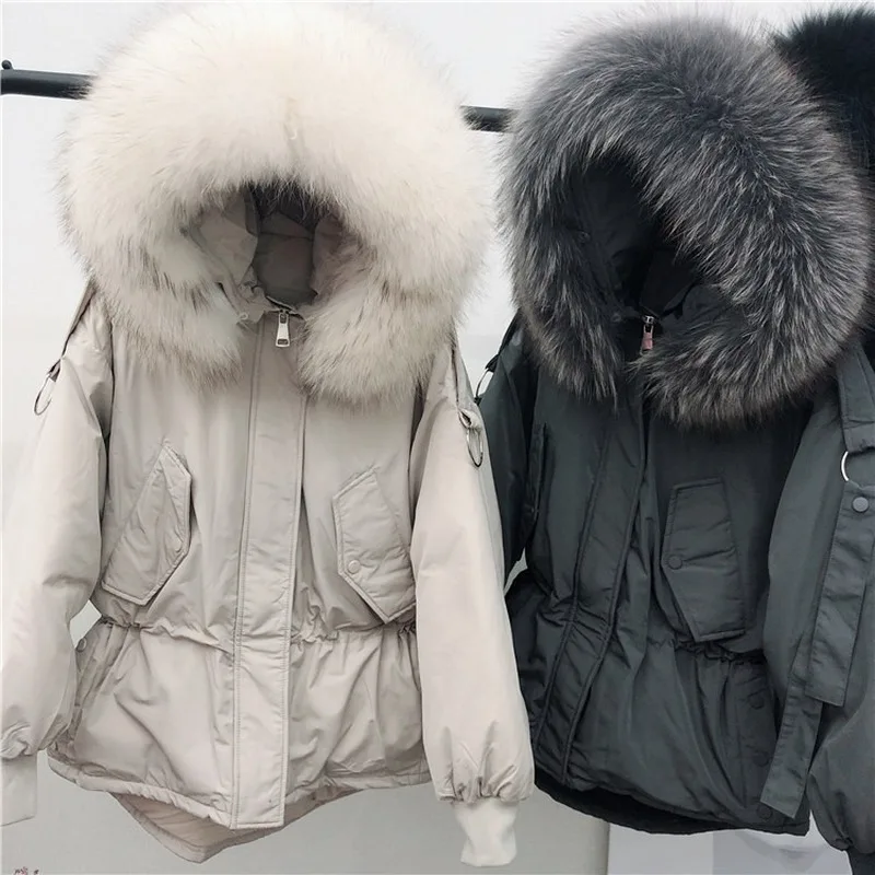 

Large Natural Raccoon Fur Women Down Jacket 2021 Winter Thick 90% White Duck Down Parka Female Hooded Warm Coat Outerwear