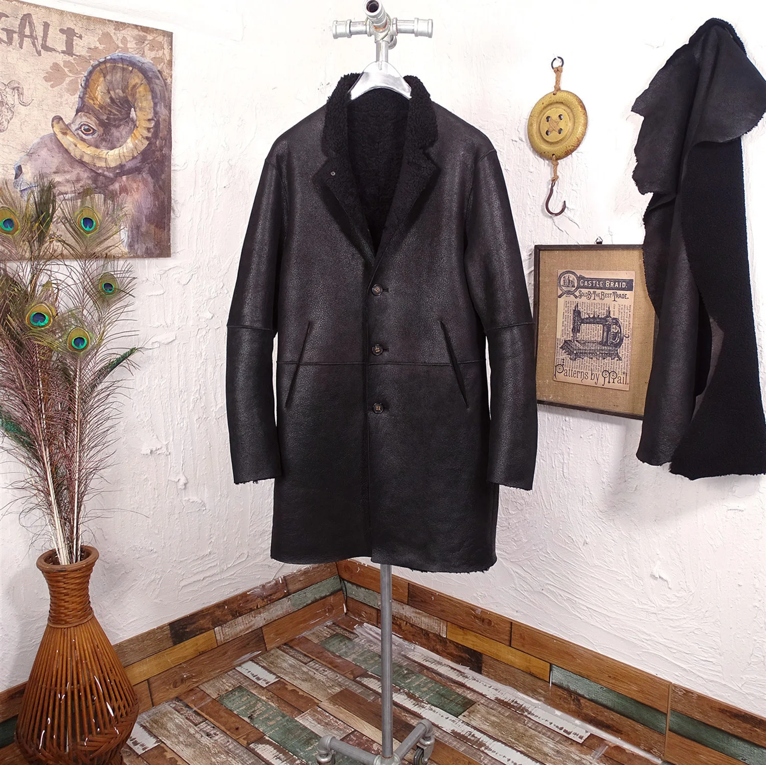 

Вместе с мехом ягненка! Дизайнерское мужское длинное пальто для сохранения тепла в оригинальной длинной кожаной куртке из овчины