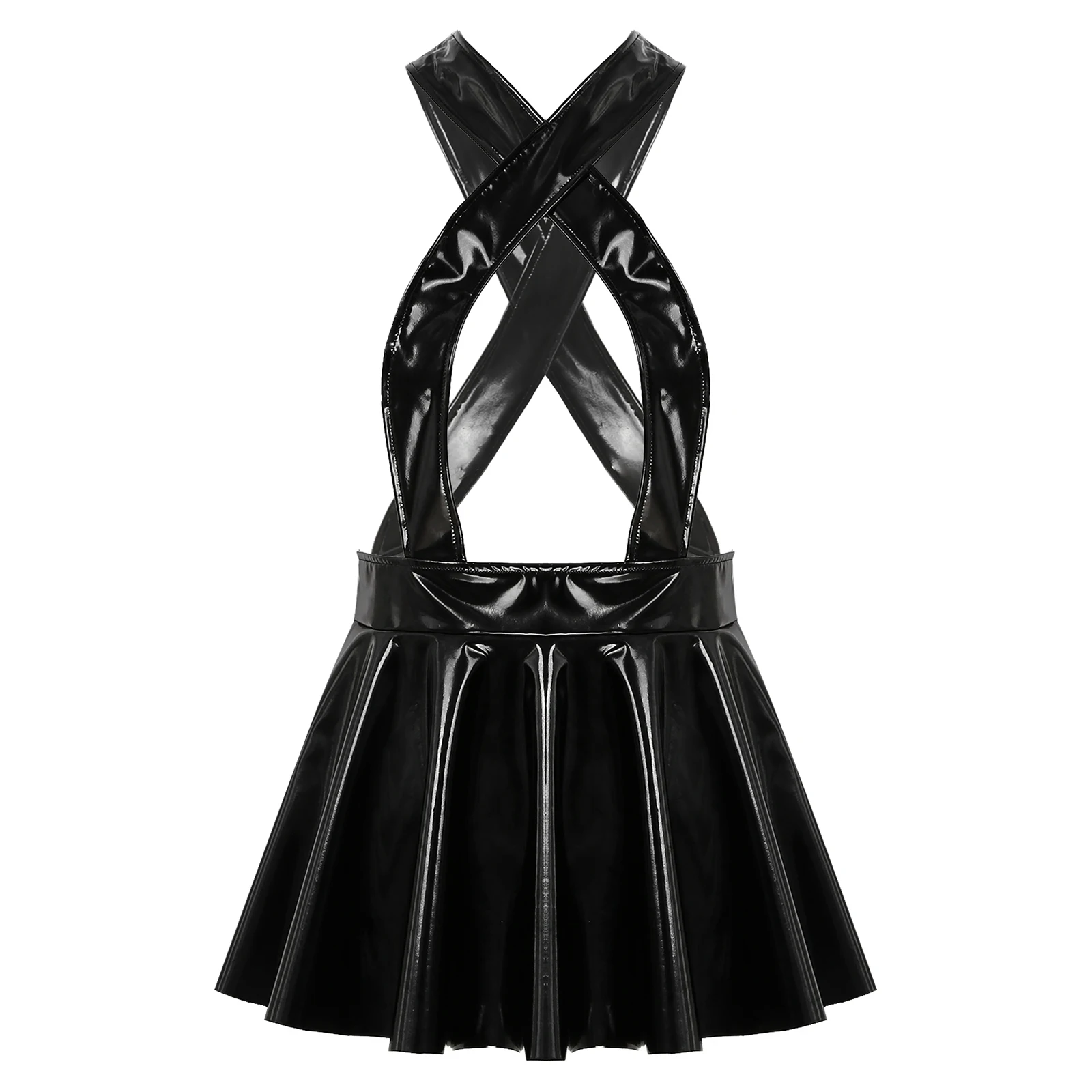 

Women Wet Look Crisscross Suspenders Skirt Invisible Zipper Patent Leather Flare Miniskirt for Nightclub Pole Dancing