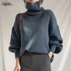 Пуловер Pull Femme, Осенний плотный Свободный пуловер с длинными рукавами в Корейском стиле, женский свитер с высоким воротником, однотонная трикотажная одежда средней длины, 10327