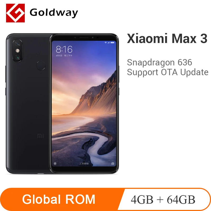 Xiaomi Mi, Макс. 3, 4 Гб ОЗУ, 64 Гб ПЗУ, мобильный телефон, 6,9 дюймов, полный экран, Восьмиядерный процессор Snapdragon 636, 5500 мАч, 12 Мп+ 5 МП, двойная камера