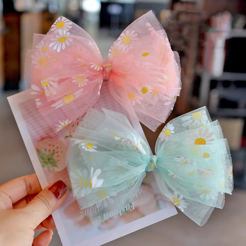 Fresh Flower Mesh Hair Bows Daisy Girls Hair Clips Korean Hairpin Handmade Hairbow Barrettes Party School Hairgrips Accessories