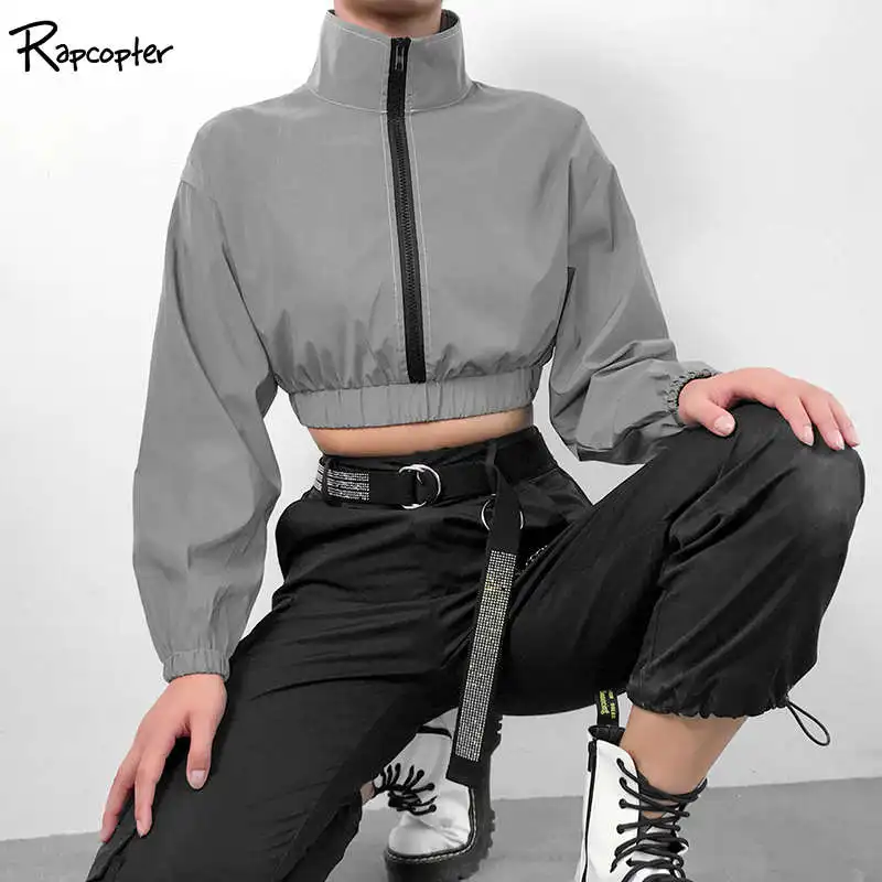 Rapcopter Светоотражающая Высокая уличная молния Женская куртка с отложным воротником Осенняя с длинным рукавом Harajuku тканые женские повседневные куртки - Цвет: Серый