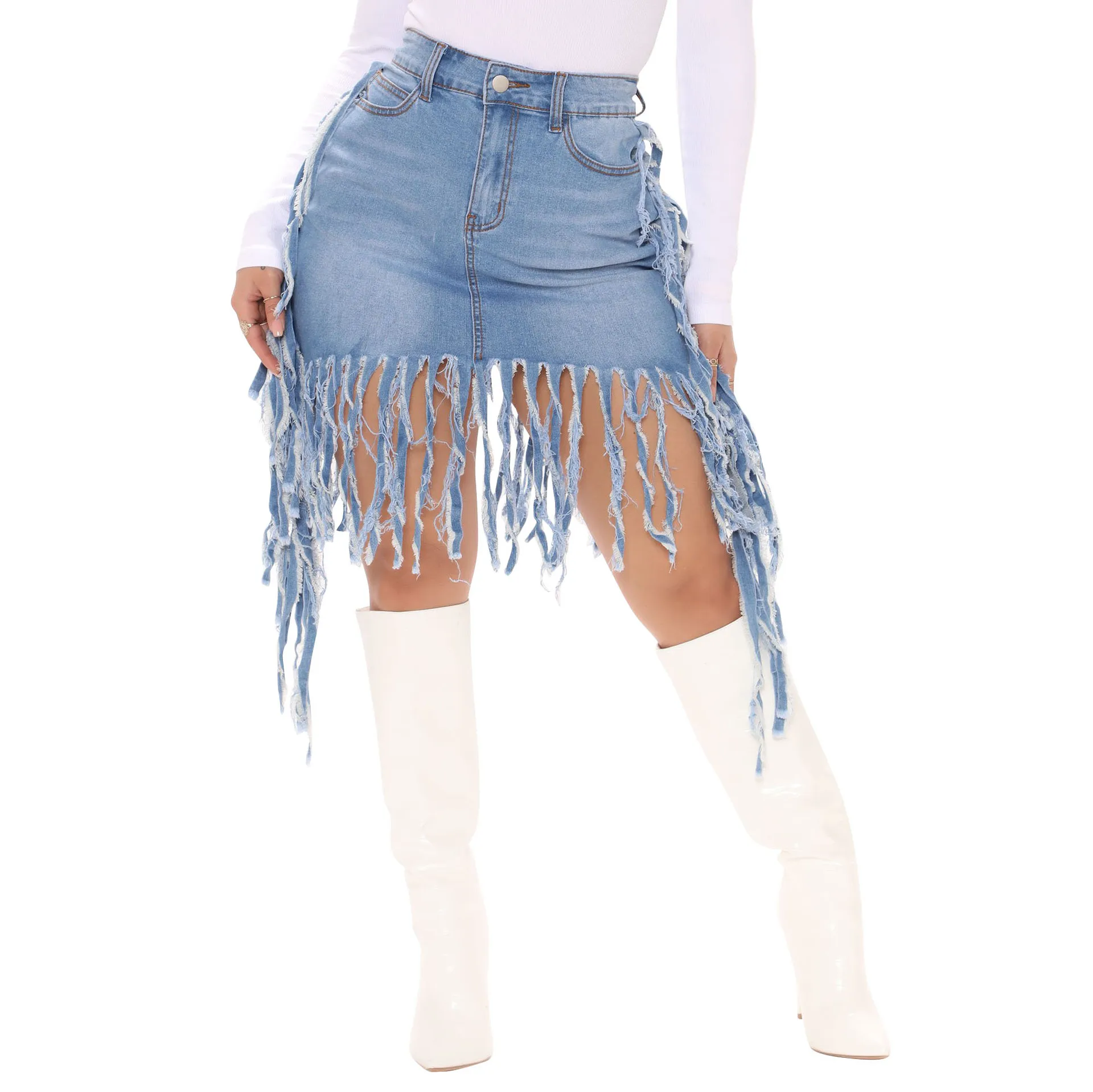 

Fashion Trend Sexy Washed Denim Fringed High Waist Women's Short Skirt