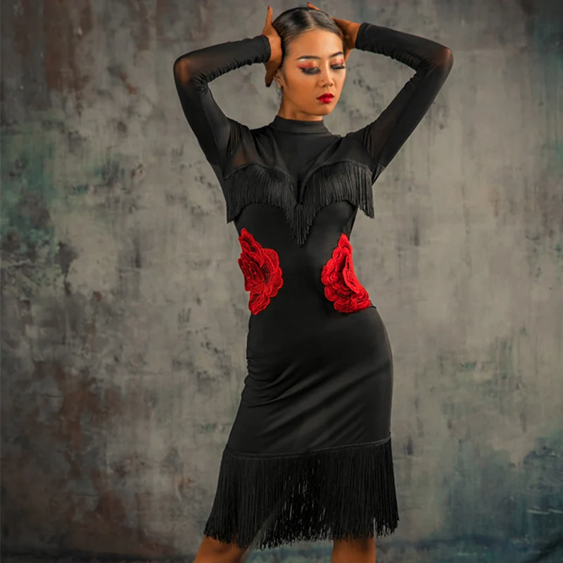 Платье для латинских танцев черное платье без рукавов с принтом розы и