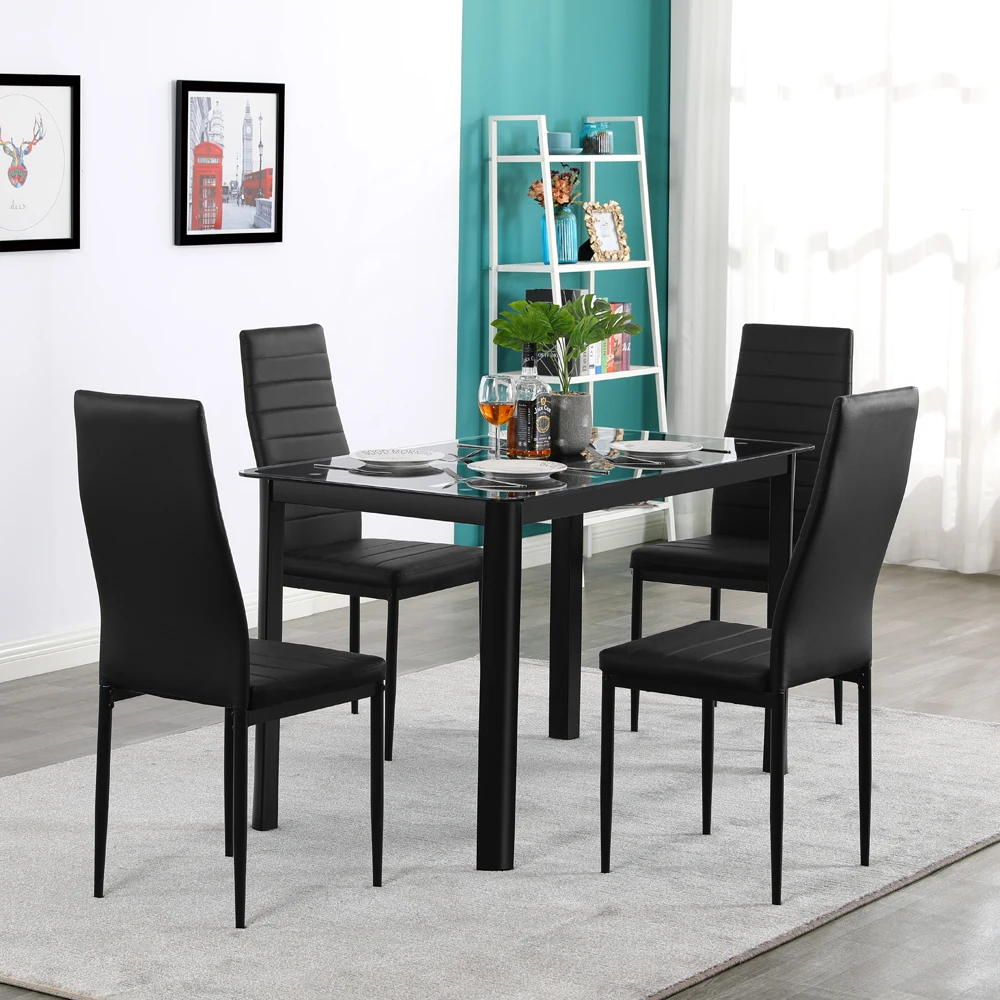 

Dining Table and Chairs Set Simple Round Tube Table Leg Table + 4pcs Elegant Stripping Texture High Backrest Dining Chairs Black