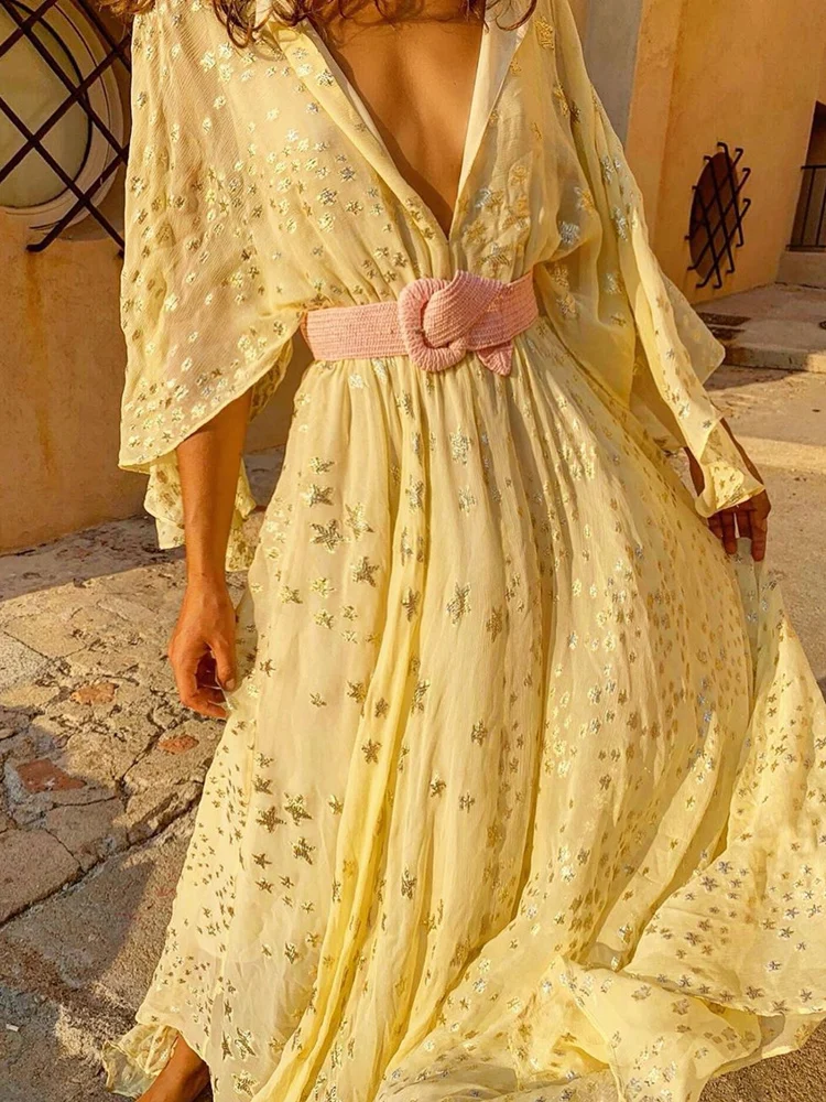 

Summer Dress Women 2021 New Comfortable And Romantic Long Vacation Solid Dress Ladies V-Neck Five-Pointed Star Female Dress