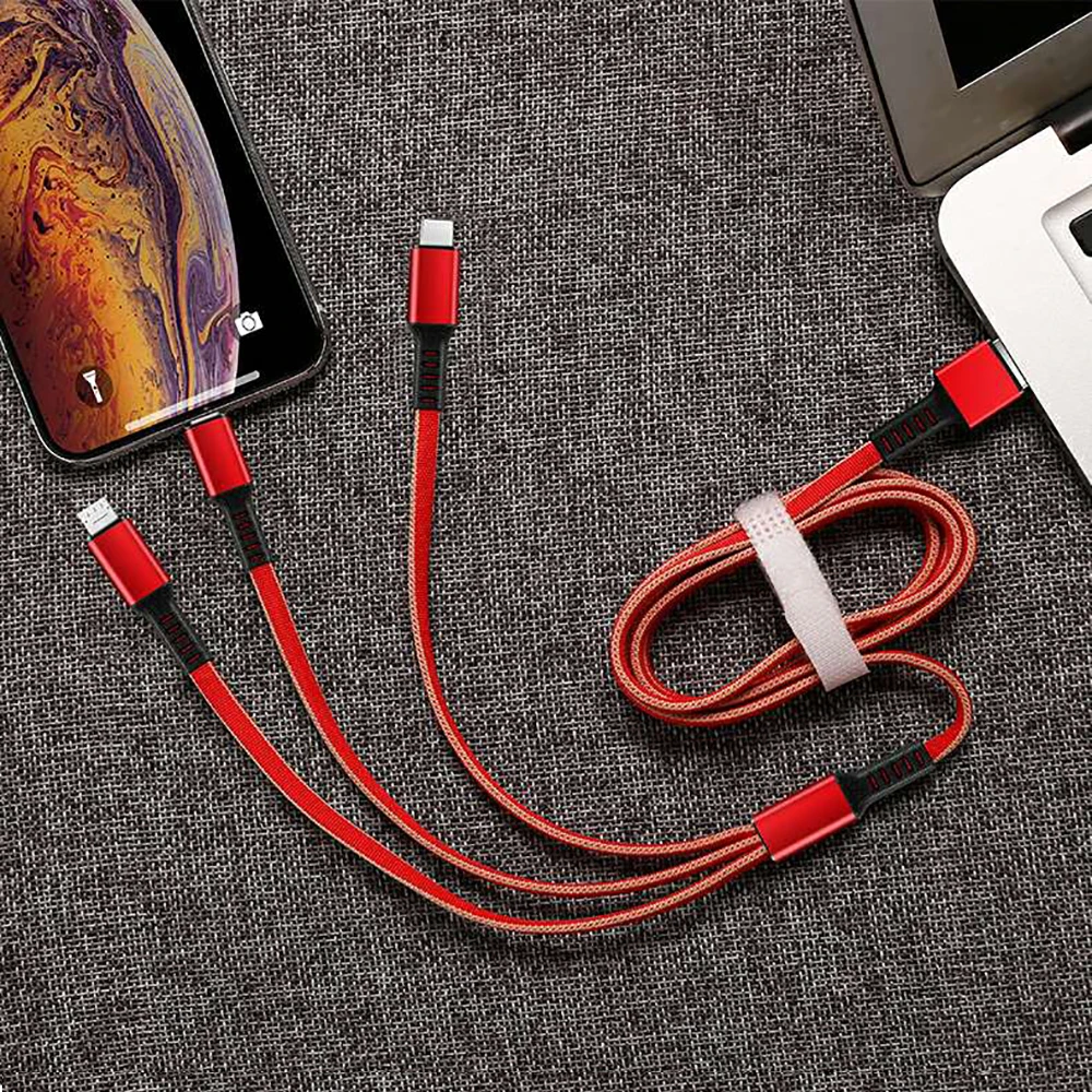 Красный USB кабель для iPhone XS X 8 7 6 Быстрая Зарядка Кабели нейлон 3 в 1 мульти Тип C Micro USB кабель для передачи данных для samsung зарядное устройство Шнур - Цвет: Красный