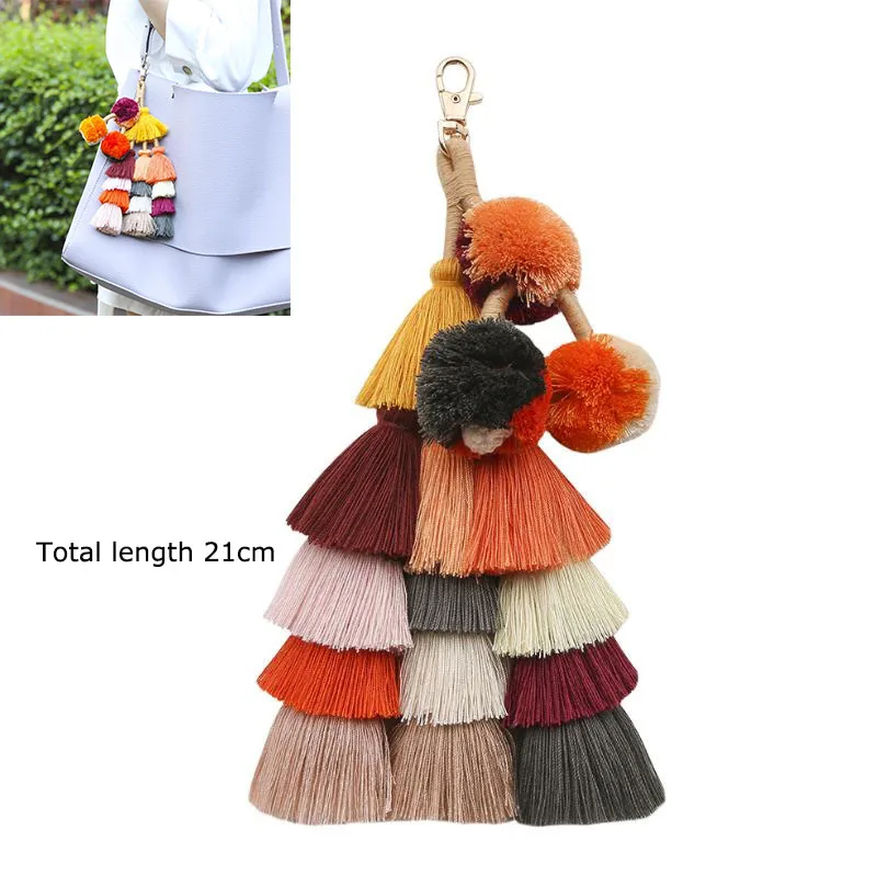 

1 шт. красочные помпоны, брелок для ключей с большой кисточкой в богемном стиле, брелок для автомобиля, Женские многослойные хлопковые кисто...