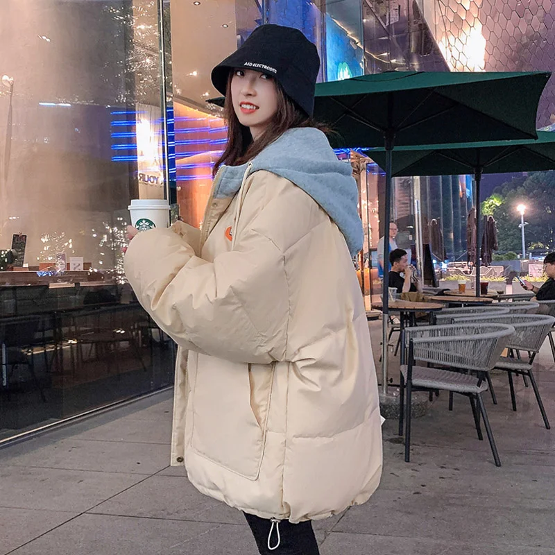 

Bread Jacket Women Short Down Cotton Women's Parker Coat Campera Mujer Korean Loose Winter 2021 New Fake Two-piece Hooded Tops
