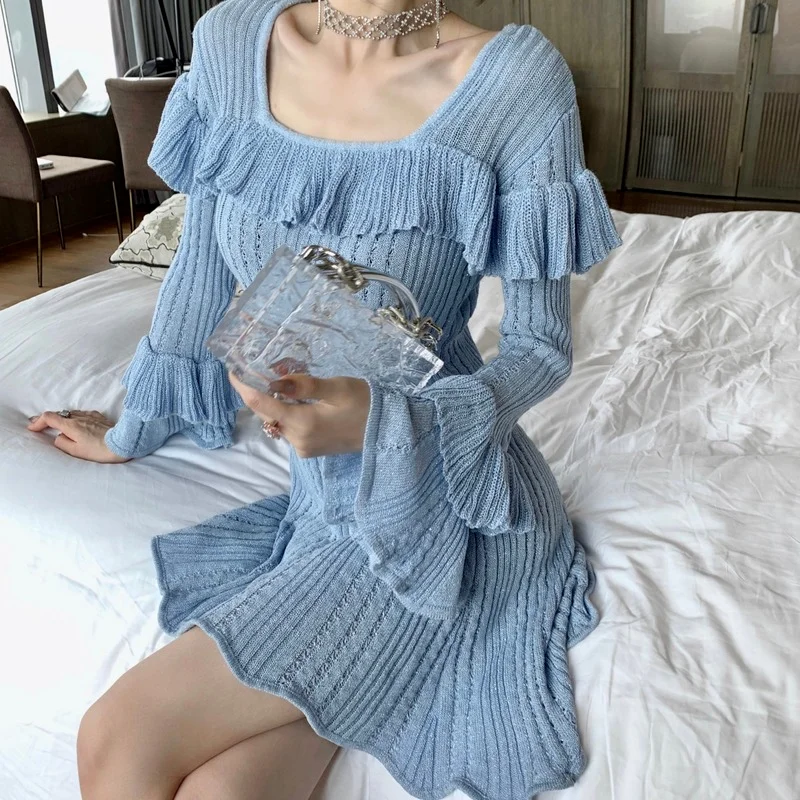 

Warm Knitted Dress Women Autumn Winter Elegant Long Sleeve Mini Dress 2021 Vintage Korean Style Chic Trendy Clothes
