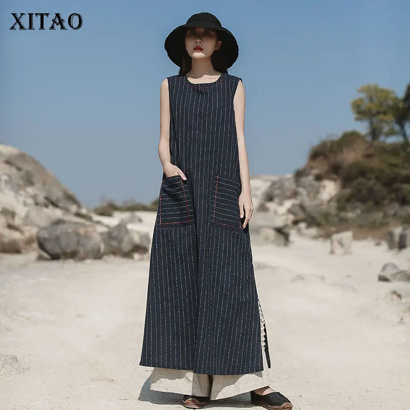 

XITAO Striped Pocket Dress O-neck Sleeveless 2021 New Summer Literature and Art Casual Hem Slit Solid Color Dress WMD0711