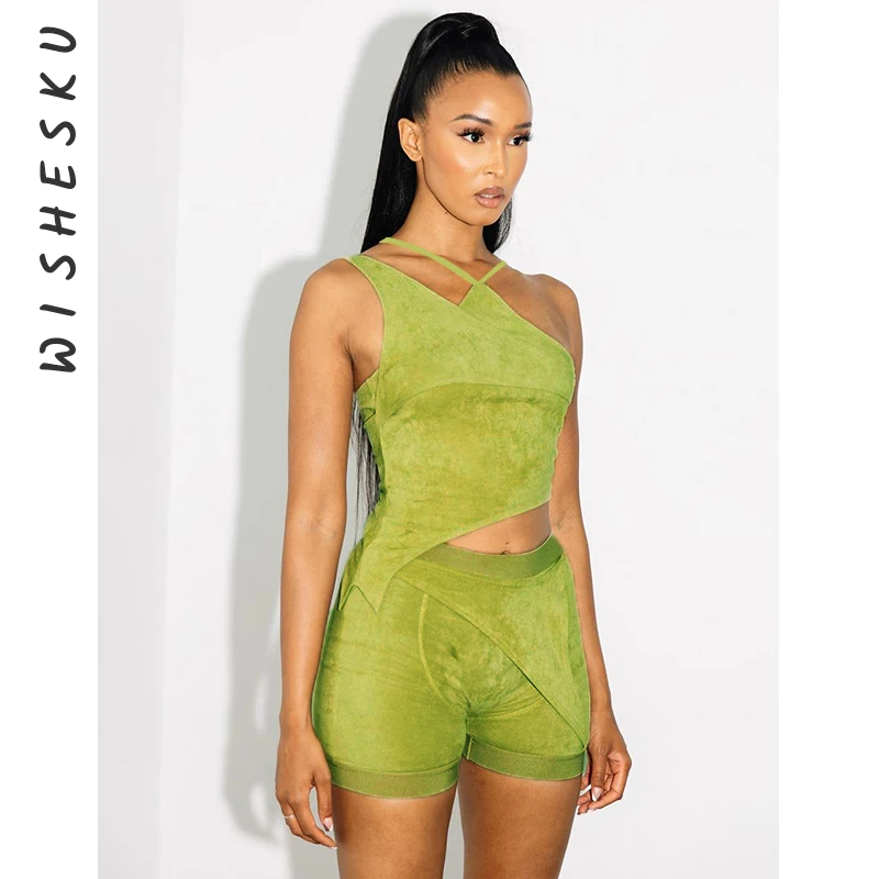 

Women Green Two Piece Set Irregular Halter Sexy Backless Camis Top + Patchwork Skinny Shorts 2021 Summer Casual Y2K Clothes