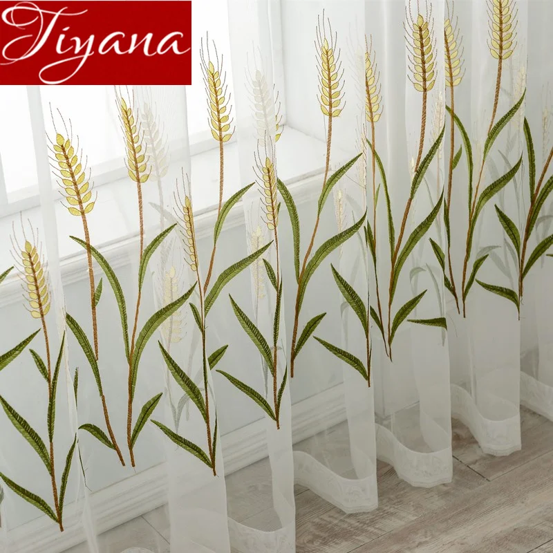 Белая прозрачная занавеска с рисунком пшеничных ушей деревенская вуаль для