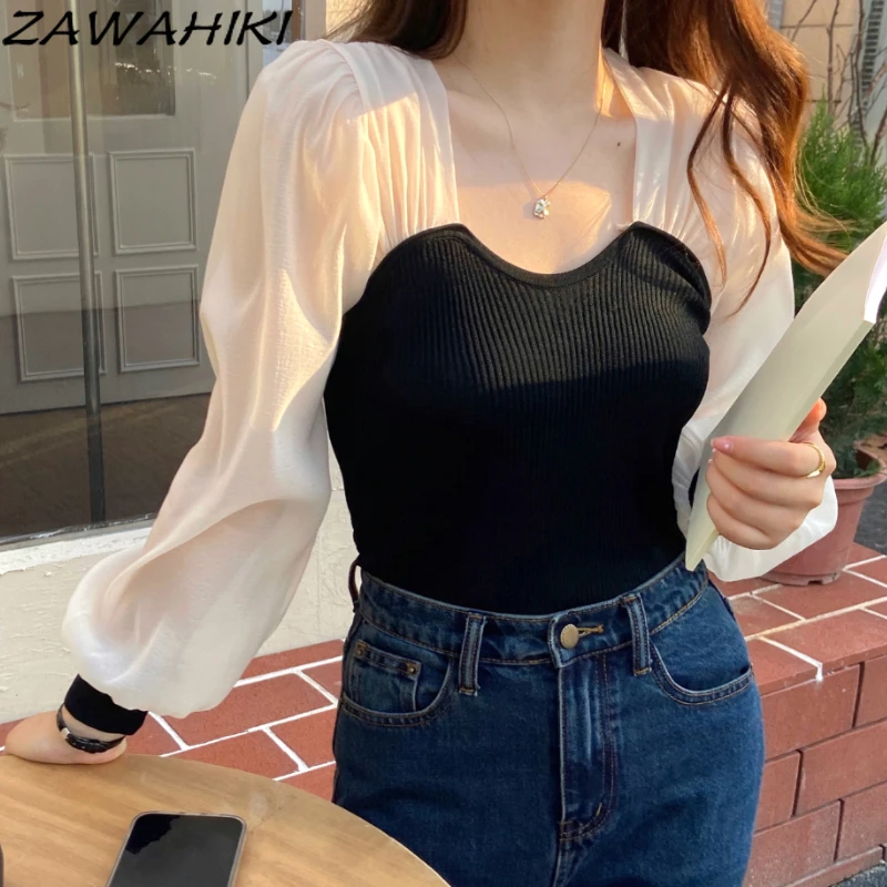 

ZAWAHIKI Women's Clothes Contrast Color Mesh Fake Two-piece Pullover Slim Puff Sleeve Spliced Square Collar Sweater Tops Women