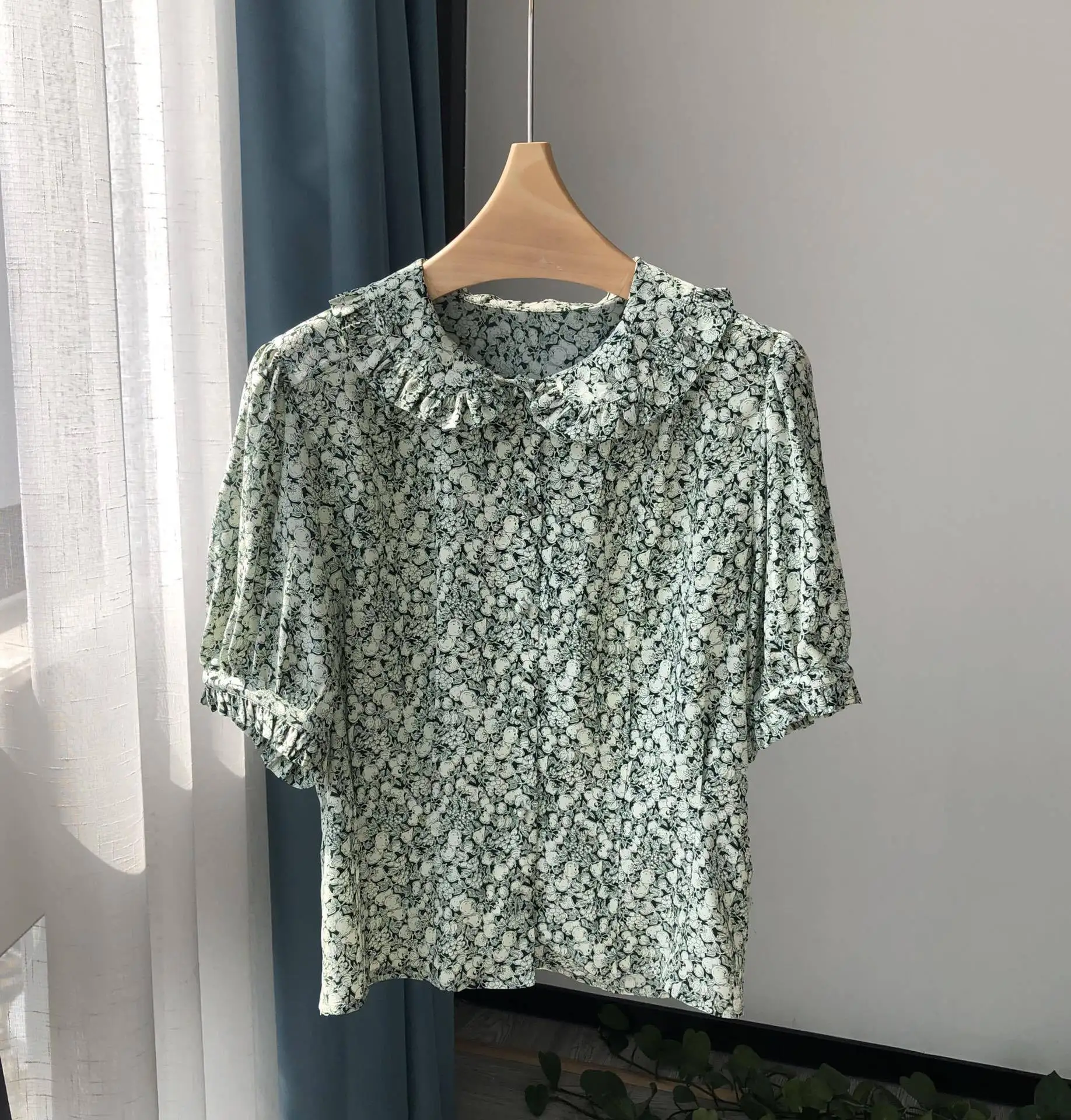 Green Peach Print Shirt  Women Peter pan Collar Short Sleeve Summer 2021 Single Breasted Silk Ladies Blouse