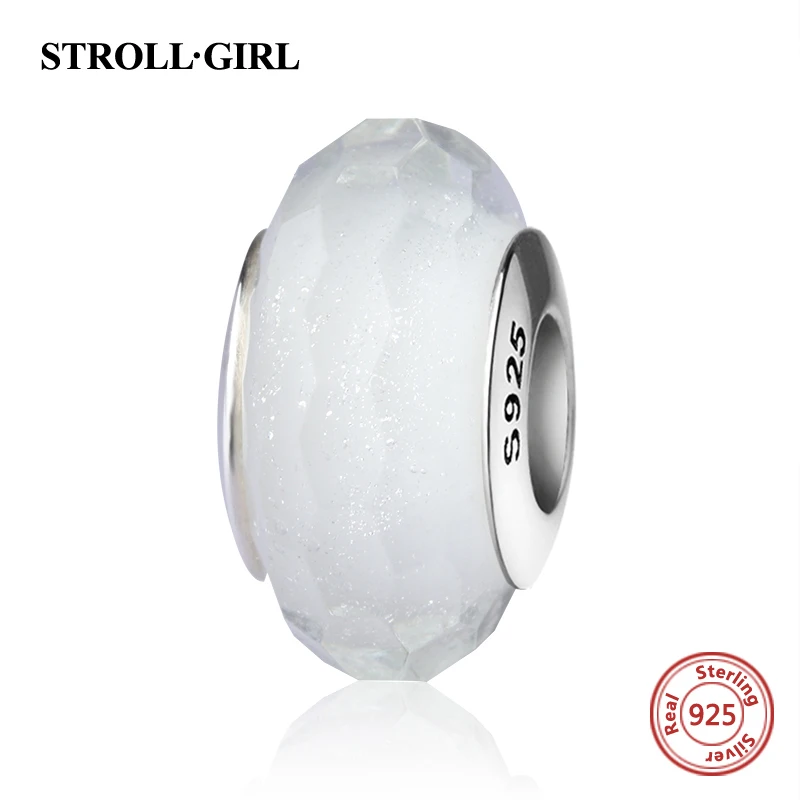 StrollGirl 925 Серебряные сверкающие бусины из муранского стекла белого цвета талисманы подходят к оригинальному браслету Pandora diy подарок для изготовления ювелирных изделий